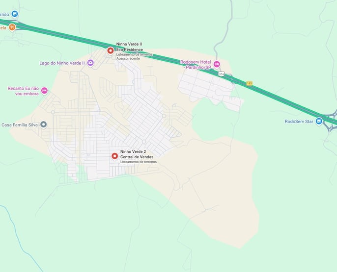 Mapa de localização do Ninho Verde II no km 196 da Rodovia Castelo Branco, Pardinho - SP