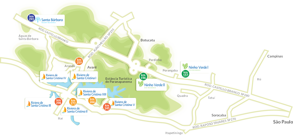 Mapa com a localização dos empreendimentos Momentum no interior de São Paulo